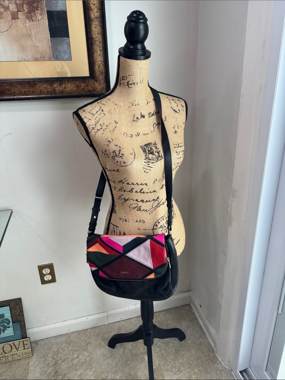 Fossil Black Crossbody Bag with Pink, Red, Orange and Cream Patchwork